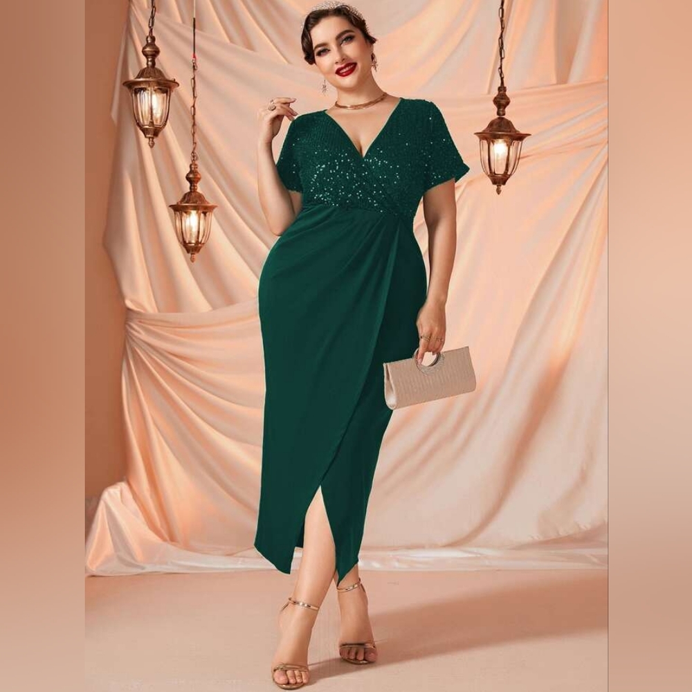 SHEIN CURVE NWOT Emerald Green Midi  Sequined Gown  3X